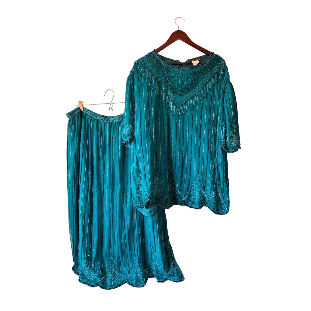 Vintage 100% Natural Silk Beaded 2 Piece Skirt Set Teal Blue Green 3x